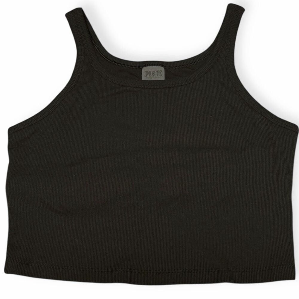 PINK VICTORIA’S SECRET Women’s Black Ribbed Cropped Tank Top Size Large